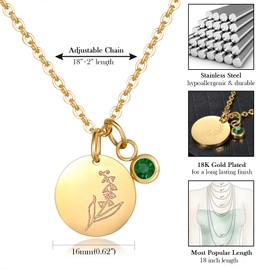 CERSLIMO Birthday Gifts for Her Birth Flower Necklaces, 18K Gold Plated Dainty May Birth Month Floral Birthstone Coin Pendant Necklaces Lily Wildflower Jewelry Gifts for Women Anniversary