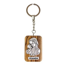 TREE OF LIFE REV. 22:14 Virgin Mary & Child Olive Wood Keychain, Catholic & Christian Religious Gift for Men & Women