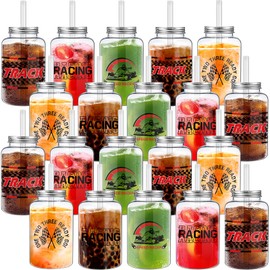 Yetene 20 Pcs 16 oz Race Car Plastic Cups with Straw and Lid Black and White Plaid Flag Checkered Cups Race Car Birthday Party Mason Jar for Birthday Racing Party Sporting Event Favors Supplies