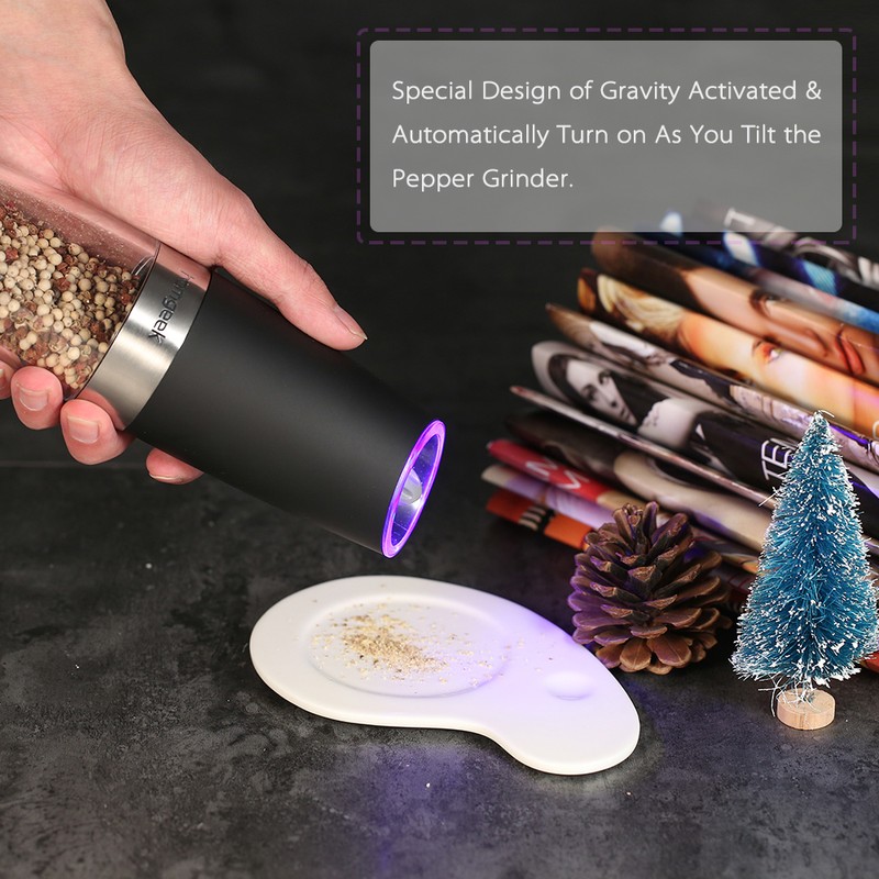 Homgeek Portable Automatic Electric Gravity Pepper Grinder Blue LED Light