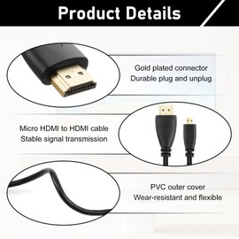 2 Pack Micro HDMI to HDMI Cable 1.5 m, Ultra HD 4K 60Hz & 1080P High-Speed Cable, Compatible with Raspberry Pi 5/4B, GoPro Hero 7/6/5, Sony A6000/6300, Nikon B500, Lenovo Yoga 3 Pro