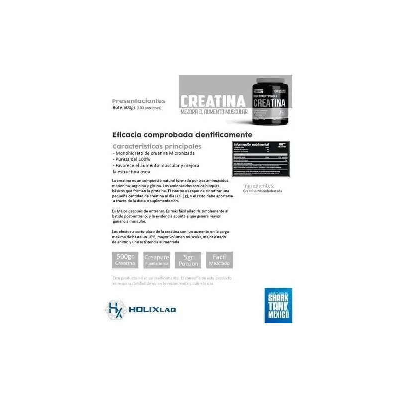 Holix Lab Creatina Monohidratada 500g Creapure Creatine Monohydrate, 100 Servings