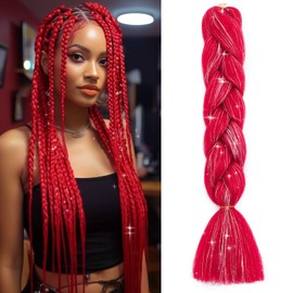 Benehair Red Braiding Hair Extension with Tinsel 1 Bundle 24 Inch Jumbo Braiding Hair Extensions Synthetic Hair Colored Braiding Glitter Hair Extensions Pre Stretched Braiding Hair