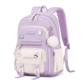 Tanou School Backpack Girls Teenager School Bag Kids, Large Capacity School Backpack for Girls 3rd to 7th Grade, Lightweight Nylon School Bag Kawaii for School Travel Casual, purple, kawaii