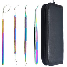 AAProTools 4 Pcs Multi Rainbow Basic Economy Professional Dental Hygiene Plaque Remover Set, Dental Scaler Explorer Excavator Mouth Mirror Tweezer Plier w/Case Instruments Home College Use for Adults