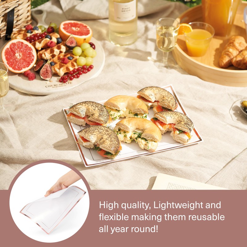MATANA 12 White Plastic Serving Platters with Rose Gold Border,