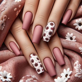 Flower Press on Nails Medium Coffin Fake Nails Matte Pink Acrylic Nails with Daisy Flower Designs False Nails Full Cover Coffin Nails Press ons Spring Summer Stick on Nails for Women 24 pcs