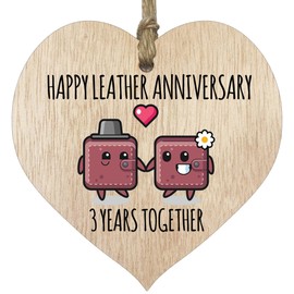 3rd Wedding Anniversary Plaque Gift for Husband Wife - 3 Years Together - Happy Leather Anniversary Wooden Heart for Women Men Partner, Light Wood Sign Keepsake Gifts