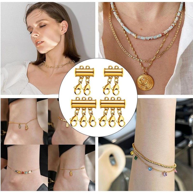 ZILZUFA Pack of 4 Chains Layering Clasp, Chain Clasp, Gold,