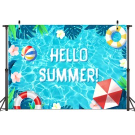 Sensfun Hello Summer Pool Party Backdrop Tropical Swimming Ring Balls Hawaiian Birthday Photography Background Boy Girls Baby Shower Party Supplies Aloha Luau Decorations Banner Photobooth Props 7x5ft