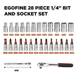 Egofine 28pcs 1/4 Inch Ratchet Socket Wrench Set, Drive Socket Set with 12 Sockets and 14 Bit Socket Set, with Extension Bars