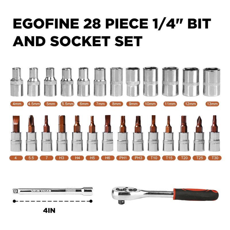 Egofine 28pcs 1/4 Inch Ratchet Socket Wrench Set, Drive Socket