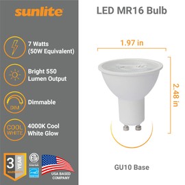 Sunlite 80527 LED MR16 Reflector Spotlight Bulb, 7 Watts (50W Halogen Bulb Replacement) 120 Volt, 550 Lumen, 35° Flood Beam, GU10 Base, Dimmable, ETL Listed, 4000K Cool White, 1 Count