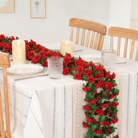 Weldomcor Pack of 8 Artificial Red Garland, 2.45 Metres, Flower Garland, Roses, Vines, Silk Flowers, Outdoor Hanging Artificial Flowers, Decoration for Wedding Arch, Bedroom, Wall, Backdrop, Garden