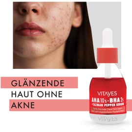 Vitayes AHA 10% + BHA 2% Red Exfoliating Serum, Pore Refining, Revitalising, Natural Ingredients, for All Skin Types, 30 ml
