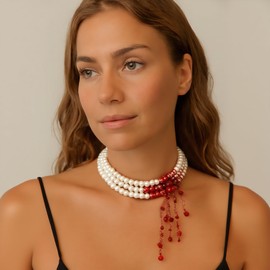 Frigotine Chunky Blood Pearl Choker Necklace for Women, Statement Gothic Punk Multi-strand Layered Vampire Party Costume Thanksgiving Accessories Fashion Jewelry Gift