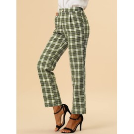 Allegra K Women's Plaid Trousers Pockets Straight Leg Pants Large Green
