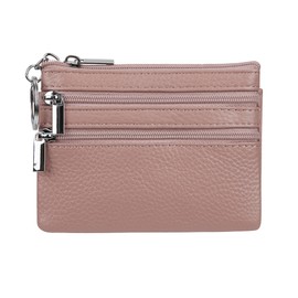 Women's Genuine Leather Coin Purse Mini Pouch Change Wallet with Keychain, Dark Pink