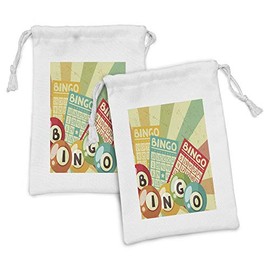 Ambesonne Vintage Fabric Pouch Set of 2, Bingo Game with Ball and Cards Pop Art Lottery Hobby Celebration Theme, Small Drawstring Bag for Toiletries Masks and Favors, 9" x 6", Multicolor