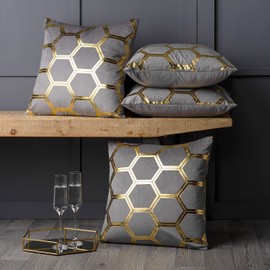 Red Rainbow 4 Pack of Gold Metallic Velvet Cushion Covers Honeycomb Hexagon Design 18 inch 45 x 45 cm Square (Grey)