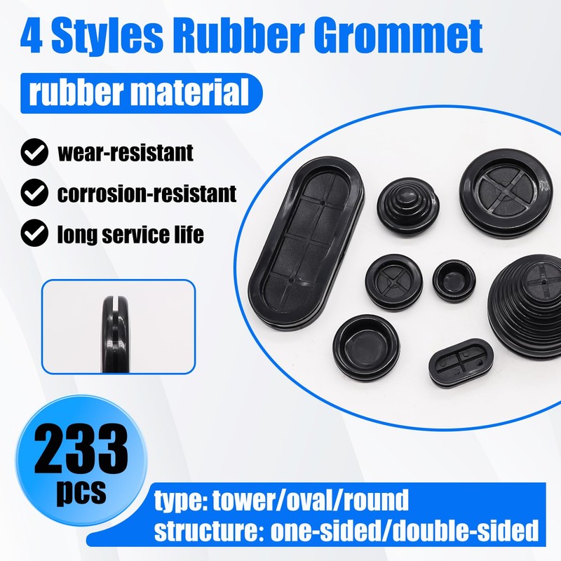 Hmknana 233Pcs Rubber Grommet Kit 4 Styles Closed Firewall Grommet