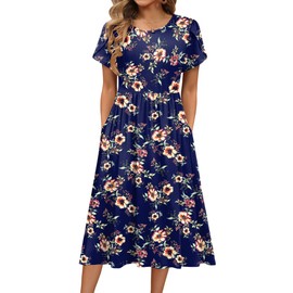HOTOUCH A-Line Dress for Women Short Sleeve Floral Swing Dress Flowy Tiered Midi Beach Dress with Pockets,Blue Flower,Large