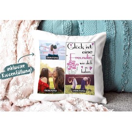 Cushion with Cushion Filling with Photo Collage to Design Yourself with Three Photos and Saying "Glück ist, eine Freundin wie Dich zu haben - Cushion White Fluffy 40 x 40 cm