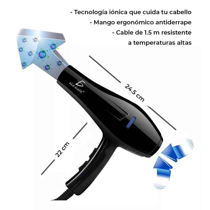 Ele-Gate Secadora De Cabello Profesional Portátil 1000w Frio Calor Color