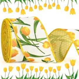1Roll 10 Yard Yellow Tulip Wired Edge Ribbon Tulip Flowers Printed Burlap Ribbon Reversible Floral Polka Dots Craft Ribbon for Spring Summer Holidays for Gift Wrapping Bow Making Supplies
