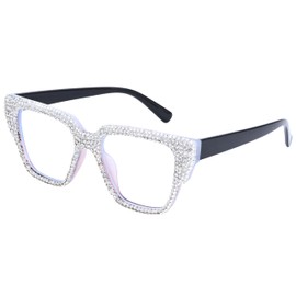 ICARA Shiny Diamond Blue Light Blocking Eyeglasses Oprah style Bling Rhinestone Square Reading Glasses For Women (white, 2.5, x)