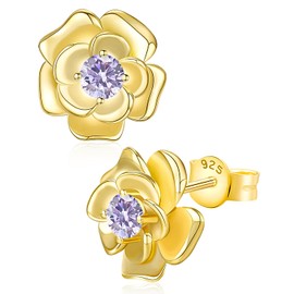 14K Gold Plated June Alexandrite Rose Stud Earrings, Hypoallergenic with 925 Sterling Silver Posts, Birthstone Jewelry for Women, Dainty Anniversary Birthday Gifts