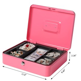 Jssmst Large Cash Box with Key Lock - Durable Metal Cash Box with Money Tray, 11.81 x 9.84 x 3.46 inches (X-Large, Pink)