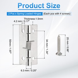 PATIKIL 2 Pcs Spring Loaded Hinges, 2" 304 Stainless Steel Self Closing Small Door Hinges with Screws for Cabinet Door