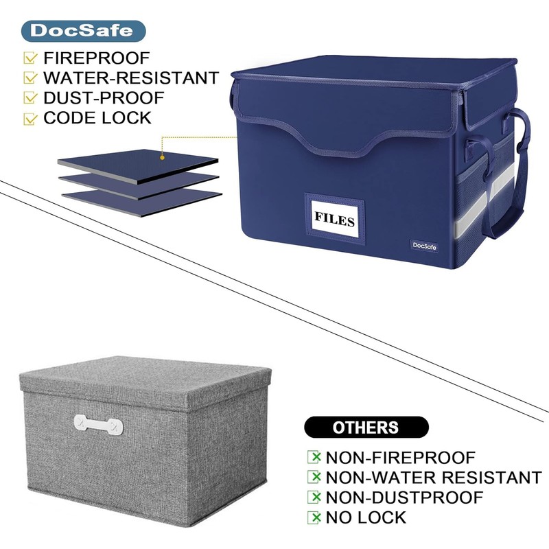 DocSafe Fireproof Document Box with Lock,File Storage Organizer with Pockets,Collapsible