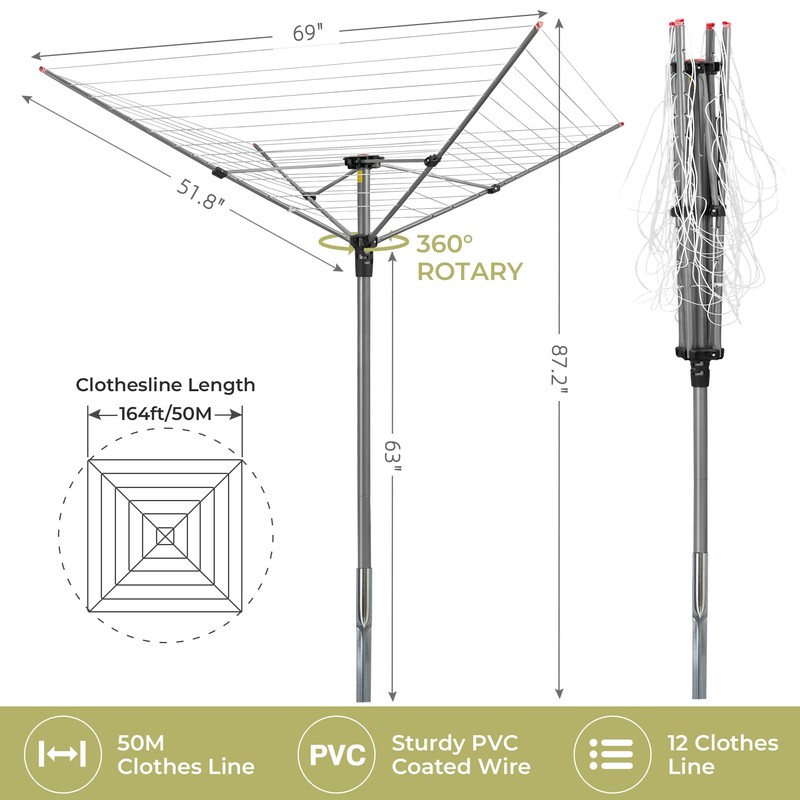 STORAGEIDEAS Umbrella Clothesline Outdoor Heavy Duty, Retractable Rotary Drying Rack