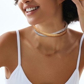 BONJOULRY Chunky Gold 2 Layered Choker Necklace for Women Trendy, 14K Gold Plated Twisted Snake Chain Statement Necklace Multi Layering Necklaces Jewelry Gifts Two Tone