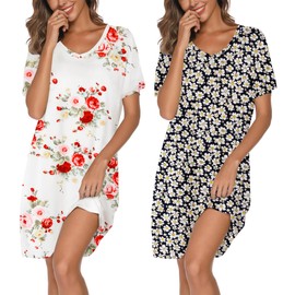 Kabento 2 Pack Nightgowns for Women Cotton Sleep Shirts Short Sleeve Nightshirts, Daisy & Floral White, XX-Large