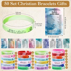 Seenelling 50 Set Easter Christian Bracelets Gifts Silicone Bible Verse Bracelets Bulk Rubber Wristbands Emergency Numbers Cards Church Welcome Gifts Gospel Tracts for Women Men Teacher(Retro)