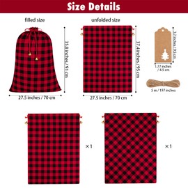 Aneco 2 Packs 37 x 27 Inches Buffalo Plaid Drawstring Bag Jumbo Size Holiday Santa Present Bag Large Cotton Storage Bags with 24 Pieces Kraft Tags and Bell for Storing Christmas Gifts