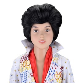 PARTY ZONE Deluxe Rockstar Costume Wig with White Jumpsuit, Black Hair, Red Scarf, Gold Stars Pattern, Professional Cosplay Outfit