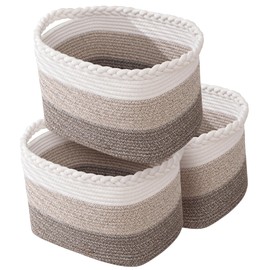 Cotton Rope Storage Basket, Rectangle Woven Baskets with Handles for Shelves, Home Organizer Storage Bins Cubes, Toy Laundry Towel Basket for Living Room Bathroom, 15x10x9.5 Inches, Pack of 3