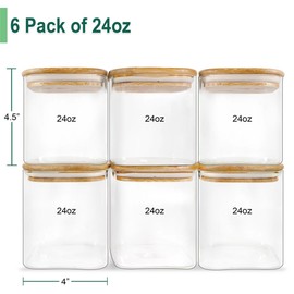 Square Glass Jars with Bamboo Lids, 6 pack of 24oz including 64 pantry stickers, Glass Food Storage Canisters with Square Bamboo Lid, Glass Pantry Jars, Glass Food Storage Jar with Airtight Lids