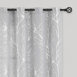 FMFUNCTEX Linen Semi Sheer Curtains for Bedroom, Silver Foil Curtains 96 Inches Long for Living Room, Silver Metallic Print Grey Tree Panel for Windows, Light Filtering Curtains Grommet Top 2 Panels