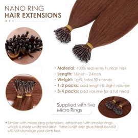 Silk-co Nano Ring Hair Extensions 1g/s Pre Bonded 50g Nano Tip Bondings 100% Real Remy Human Hair #33 Dark Auburn, 16 Inch (Pack of 50)