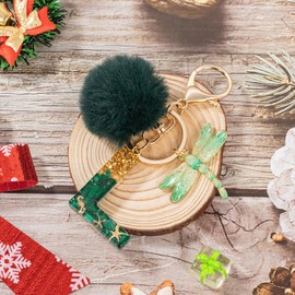 MWOOT Letter L Keychain Initial Letter Key Ring, Alphabet Resin Key Chain with Dragonfly Plush Pendant Handbag Purse Charm, Green Keyring for Women (L), Green-l