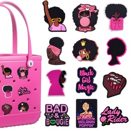 IESCOO Charms for Bogg Bags, 12 Pieces Pink Black Girl Accessories Charm Decoration for Rubber Tote Bag, Must Have for Women's Simply Southern Beach Totes