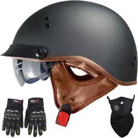 Motorcycle Half Helmet with Retractable Inner Sun Shade Quick Release Buckle DOT Approved Half Face Cycling Helmets for Men Women Adult