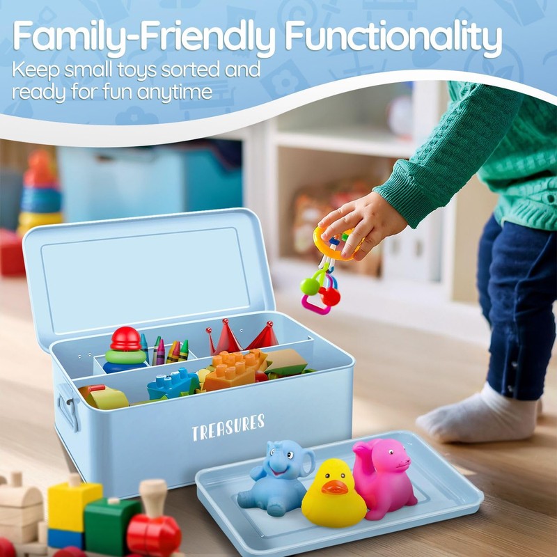 Flexzion Tin Storage Box with Removable Tray, 13 Inch Seed