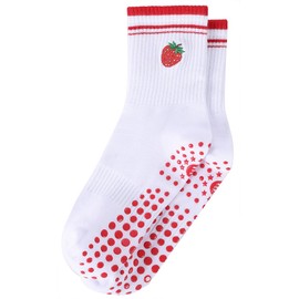 EUDOLAH Cute Yoga Socks for Women Pilates Barre Breathable Non-Slip Crew Grip Sock With Stripes Anti-friction Athletic Socks 1 pack Strawberry