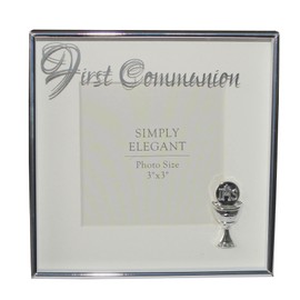 First Communion Silver Photo Frame with Chalice Icon Holds Picture 3'x3' 6108